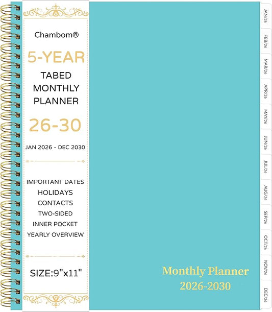 2026-2030 Monthly Planner, 5 Year Monthly Planner/Calendar 2026-2030, 60-Month Jan 2026 – Dec 2030, 9" x 11", Tabs, Double-Side Pocket, Holidays, Thick Paper - Green