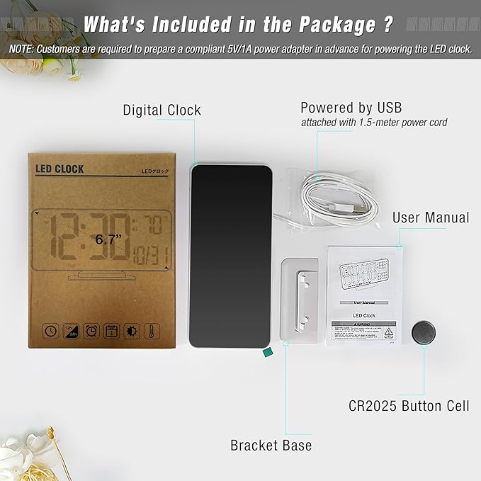 KOSUMOSU Digital Alarm Clocks 6.7in Small Digital Clock for Bedroom,Auto Dimming,Dual Alarm, Date, Seconds, Day of Week, Indoor Temperature,Desk Clock for Classroom,LED Clocks for Living Room