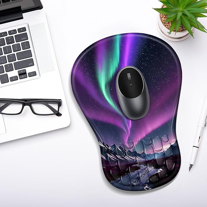 Ergonomic Mouse Pad with Wrist Rest Support, Mousepad with Comfortable Memory Foam Wrist Rest and Non-Slip PU Base for Pain Relief, Computer, Laptop, Office, Home (Aurora)