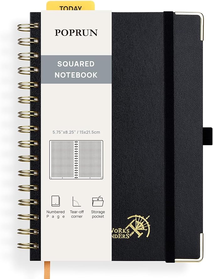 POPRUN Graph Paper Spiral Journal Notebook, [A5-5.75'' x 8.25''] - 120 GSM Thick Paper, 141 Numbered Pages, Grid Notebooks for Men & Women with Pocket, Index Tabs, 8 Perforated Sheets,Black