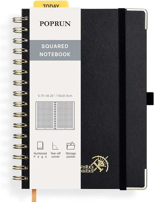 POPRUN Graph Paper Spiral Journal Notebook, [A5-5.75'' x 8.25''] - 120 GSM Thick Paper, 141 Numbered Pages, Grid Notebooks for Men & Women with Pocket, Index Tabs, 8 Perforated Sheets,Black
