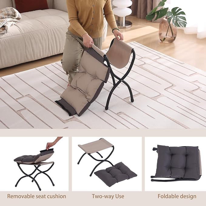 Welnow Folding Foot Stool, Upholstered Small Accent Ottoman with Detachable Thick Cotton Cushion Padded Sofa Stool and Metal Frame for Lazy Chair, Living Room, Bedroom, Dark Grey