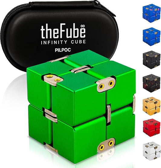 PILPOC theFube Infinity Cube Fidget Desk Toy - Aluminum Infinite Magic Cube with Case, Sturdy, Heavy, Relieve Stress and Anxiety, for ADD, ADHD, OCD (Green)