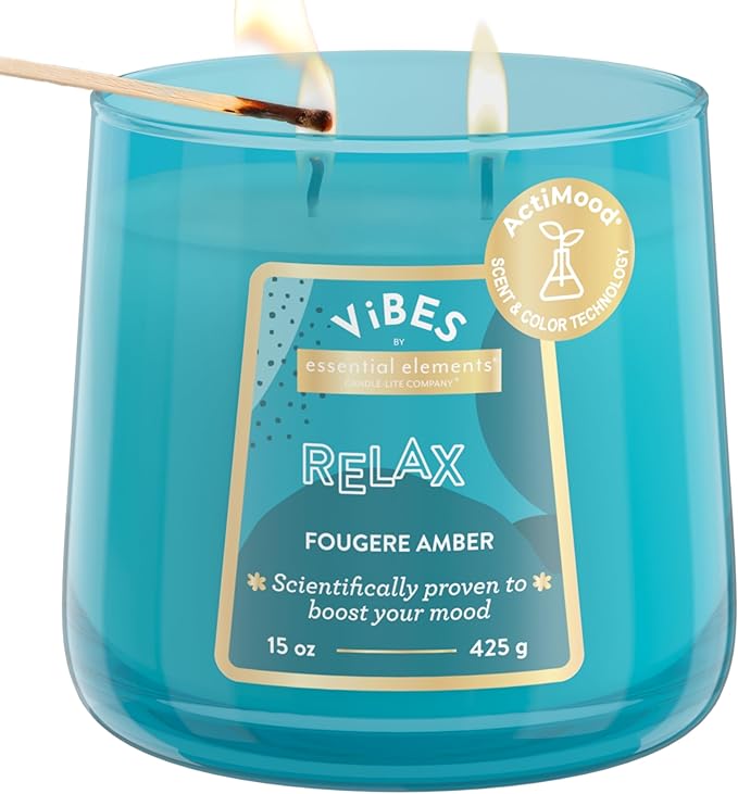 Candle-Lite Vibes Fougere Amber Mood-Enhancing Scented Candles, 15 oz Jar, Aromatherapy, Proudly Poured in The USA, 2-Wick, 86 Hours Burn Time, Perfect Relaxation Gift