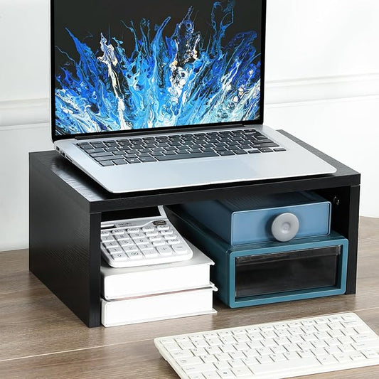 TEAMIX 14.2 inch Monitor Stand Riser, Wood Monitor Riser with Storage for Desk Small Monitor Stand TV/Screen/PC/Laptop Riser Computer Stand Desktop Shelf (Black-Higher)