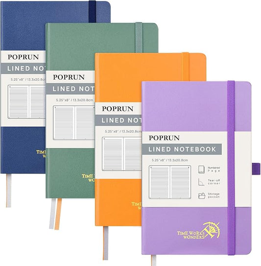 POPRUN Lined Journal Notebook for Women & Men, 4 PCS Medium Size 5.25''x 8'', 120GSM Thick Paper, 128 Numberd Pages, Hardcover, Index Tabs, College Ruled Notebook for Work - Blue Orange,Green,Violet