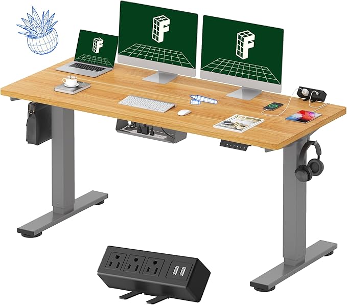 FLEXISPOT EN2 Whole-Piece Standing Desk with Clamp Power Strip, 60 x 24 Electric Stand Up Height Adjustable Desk with Cable Management (Gray Frame + 60" Maple Top, 2 Packages)