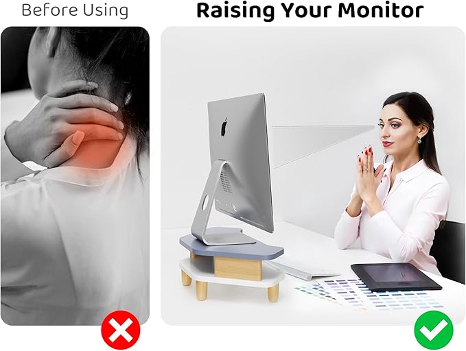 Monitor Stand Riser,2 Tier Corner Wood Monitor Stand Sturdy Computer Stand Multi-Purpose Desktop Storage Stand for Laptop,PC,iMac,Printer,Computer,Blue