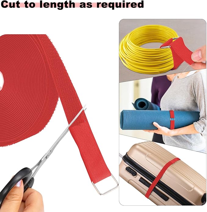 1"x16ft Hook and Loop Straps with 25 Metal Buckles, Adjustable Fastening Cable Straps, Cut-to-Length Cinch Strap, Reusable Nylon Securing Cord Ties for Organizer or Storage, 1 inch Wide,Red