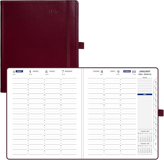 POPRUN 2026 Weekly Planner (Medium 7'' x 8.5''), 30-Minute Hourly Appointment Book (Jan 2026-Dec 2026) with Monthly Tabs, Inner Pockets, Pen Holder, PU Leather Softcover, 100GSM - Burgundy