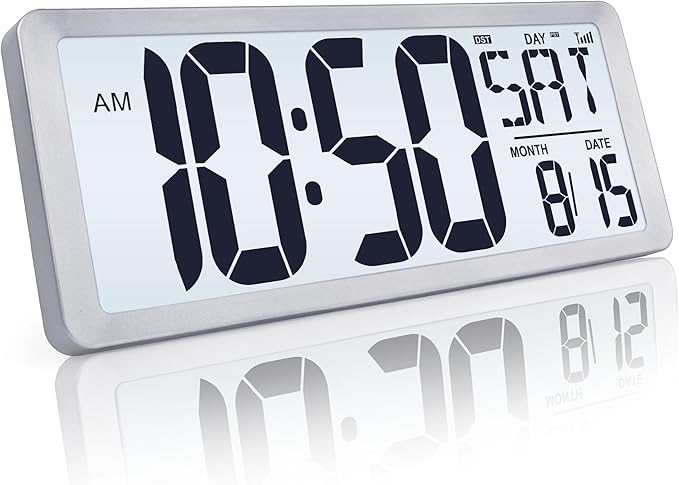 TXL Silver Large Digital Wall Clock with Backlight, 14.2" Battery Operated Alarm Clock with Day, Date & Temperature, Large Wall Clock for Classroom,Bedroom, Livingroom, Office，（Battery Included）