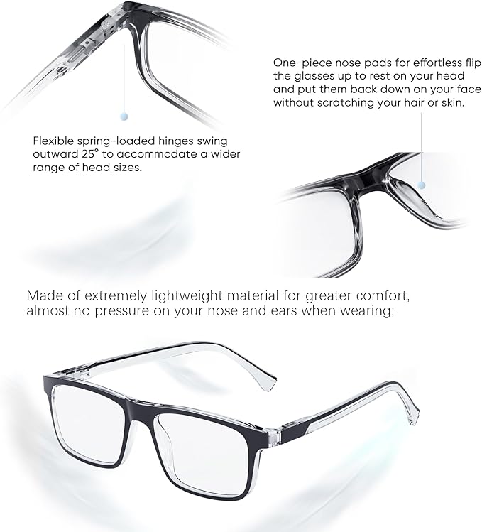 Missfive Premium Reading Glasses for Men, 4 Pack Unbreakable Blue Light Blocking Readers, Durable Spring Hinge Eyeglasses, Rectangular Computer Eyewear, Light Full Frame Glasses, Anti UV, 2.25x
