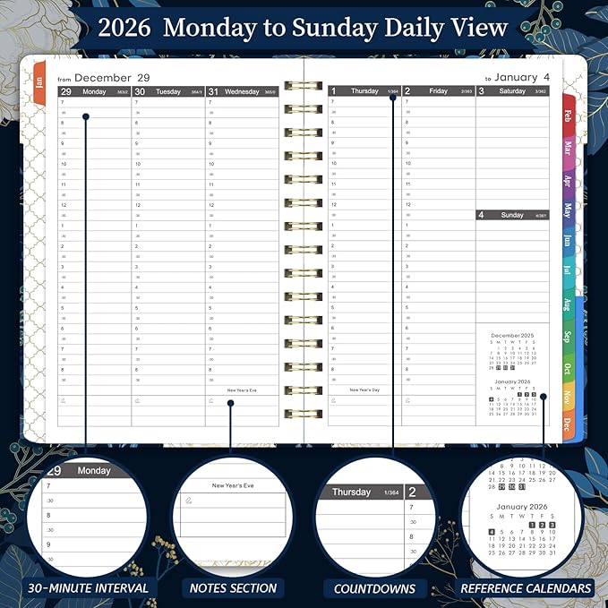 2026 Appointment Book - 2026 Planner, Daily Hourly Planner 2026, Jan 2026 - Dec 2026, Weekly & Monthly Planner, 6.3" x 8.5", Half Hour (30 Mins) Interval, Colorful Tabs, Thick Paper, Inner Pocket
