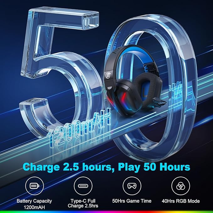 Wireless Gaming Headset with Microphone for PC, PS5, PS4, Bluetooth Gaming Headphones - Fast Charge 50Hr Battery, Cool LED Lights for Switch, Laptop, Mobile, Mac 2.4GHz Gamer Headset