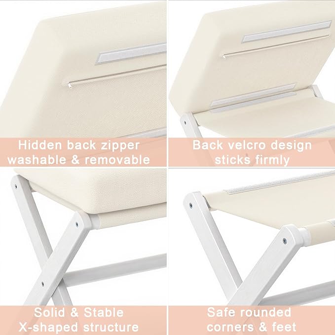 Foldable Foot Stool Ottoman, Modern Foot Rest with Bamboo X Legs & Thick Foam Cushion, Folding Foot Stools Small Padded for Bedroom Living Room, Makeup Vanity Stool Chair (White - White)