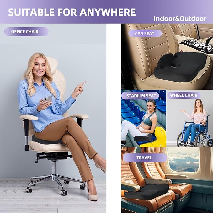 Ergonomic Memory Foam Seat Cushion for Tailbone Pain Relief –Office Chair Cushion for Coccyx, Sciatica & Pressure Relief –Large Chair Cushions for Car Seat, Wheelchair – Washable Non-Slip Cover