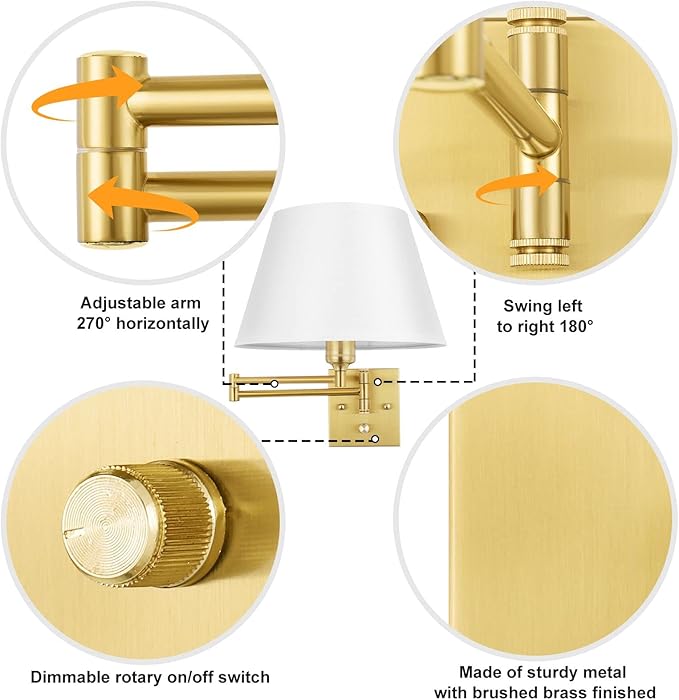 TRLIFE Remote Control Dimmable Wall Sconce, Adjustable Color Temperature 2700K-6500K Brushed Brass Swing Arm Wall Lights with Plug in Cord, 11.8" Large White Shade(2 Pack, 2 Bulbs)