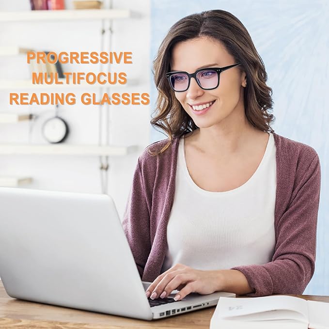 Progressive Multifocus Reading Glasses for Women Men Blue Light Blocking Spring Hinge Square Computer Readers