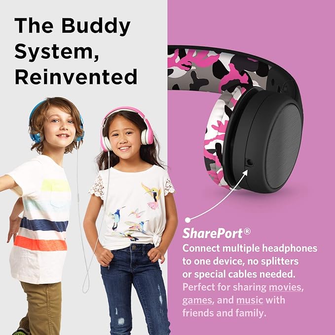 LilGadgets Connect+ Style On-Ear Kids Headphones with Microphone - SharePort Technology, SoftTouch Padding, Detachable Cable, Noise Reduction, Durable & Adjustable - Pink Camo - Wired Headphones