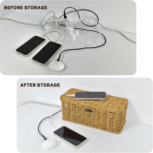 Handmade Cable Management Box – Stylish & Functional Cable Organizer with 2 Open Slots for Home & Office, TV Wires Computer Router USB Hub & Power Strip Rattan Cord Hider Box (Wood Color)