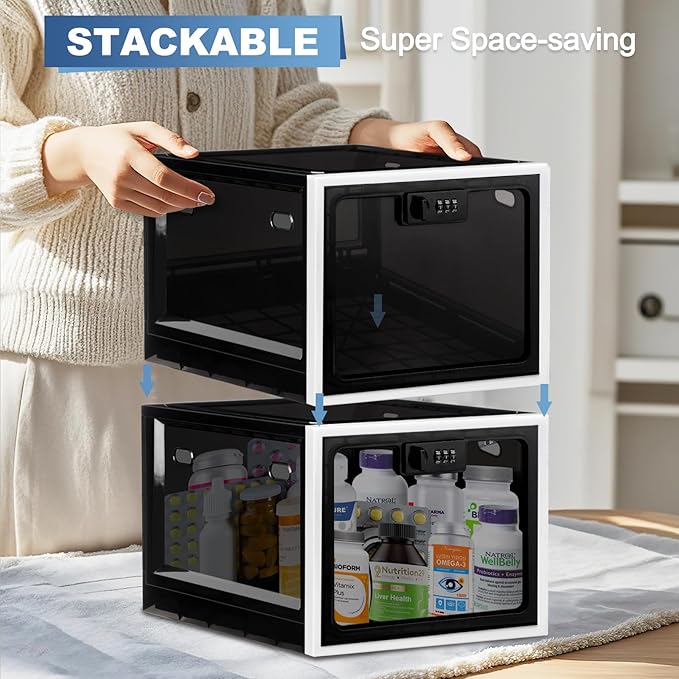 Medicine Lock Box for Safe Medication, Premium Material Lockable Storage Box Locking Organizer Bin with Combination Code for Fridge Food/Snacks/Phone/Tablet Jail/Home/Office Storage Lockers