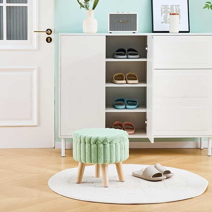 Wimarsbon Storage Ottoman,Soft Faux Fur Footstool with Padded Seat, Small Reading Vanity Chair, Footrest with Wood Tray for Couch, Mini Coffee Table or Display Stand (Light Green, Round Storage)