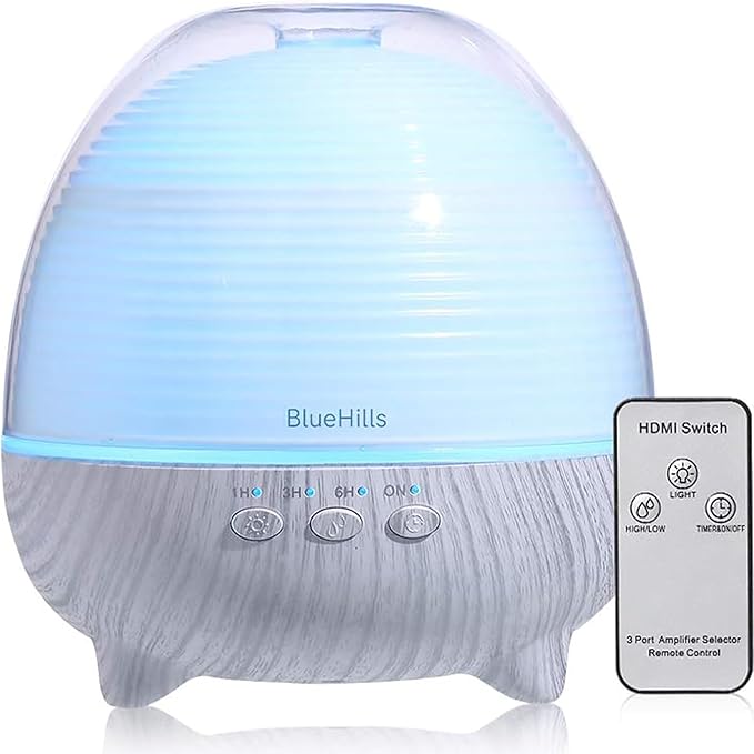 BlueHills Premium Essential Oil Diffuser with Remote Cute Aromatherapy Humidifier Large Capacity Coverage Area for Home Room Office Long 12 Hour Run Timer Lights White Wood Grain-S01-600ML