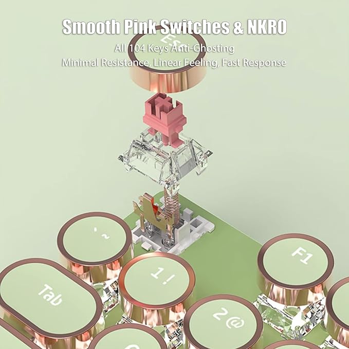 Typewriter Style Mechanical Gaming Keyboard White LED Backlit 104-Key NKRO Pink Switches Retro Round Keycaps Golden Ring Volume Knob Metal Panel Wired USB-C Detachable Cable, Matcha Green