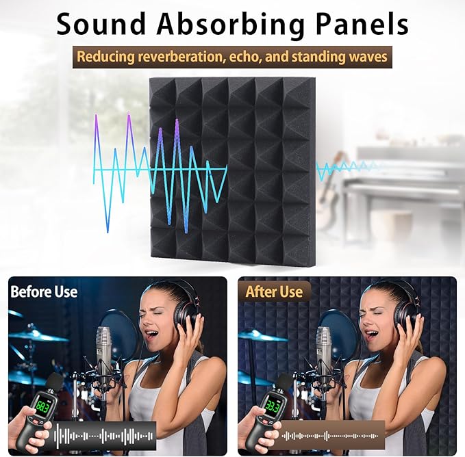 12 Pack Sound Proof Foam Panels for Walls 2" X 12" X 12" Pyramid Acoustic Foam Panels with Self-Adhesive High Density Sound-Absorbing and Soundproof Wall Panels