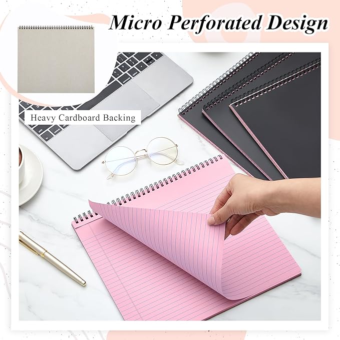 4 Pcs Legal Pads Landscape Notebooks 3 Hole Punched Top Spiral Bound Notebooks 11 x 9. 5 Inch College Ruled Drawing Notepad Tear Line for Removal 50 Sheet Office Steno Book(Pink)