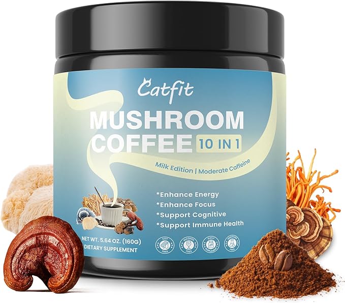 Mushroom Coffee,10 Adaptogenic Mushrooms And Milk Powder MCT Oil, Hydrolyzed Collagen, Instant Coffee with Lion's Mane, Chaga, Cordyceps, L-Theanine for Energy, Focus, Digestion and Immunity, 160G