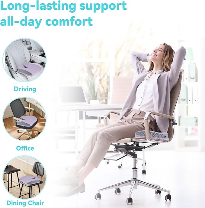 Seat Cushions for Office Chairs Wheelchair Cushion for Long Sitting Back Pain，Memory Foam Seat Car Computer Desk Chair Cushion，Coccyx Cushion for Tailbone Pain Relief Office Chair Butt Pillow Purple