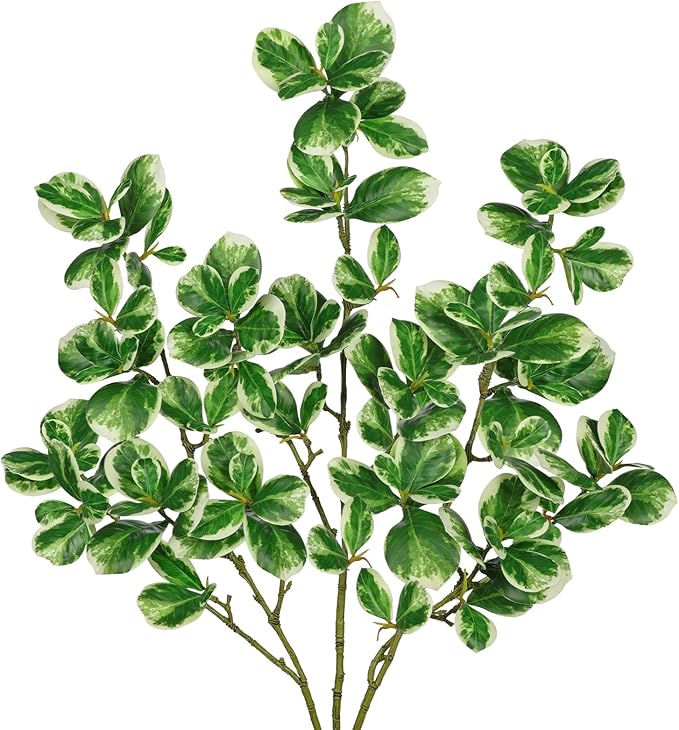 Hollyone 3 Packs Artificial Greenery Stems 36.2 Inch Fake Branches White Edged Leaves with Long Stems Faux Stems Greenery Stem Faux Branches for Vase Garden Home Decor Office Wedding Decoration