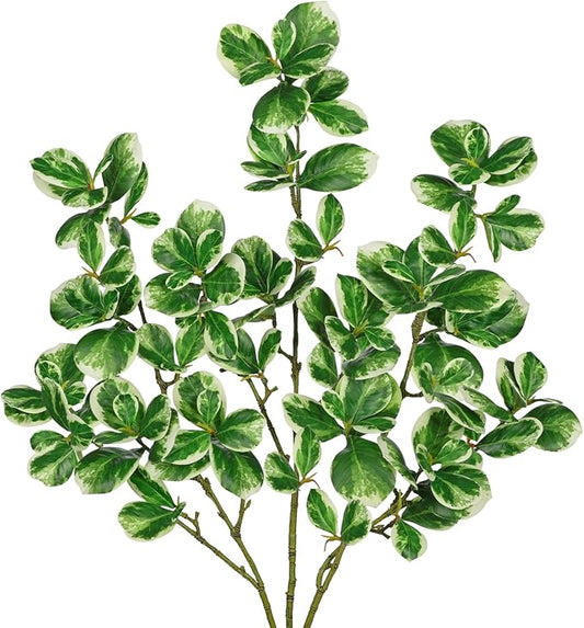Hollyone 3 Packs Artificial Greenery Stems 36.2 Inch Fake Branches White Edged Leaves with Long Stems Faux Stems Greenery Stem Faux Branches for Vase Garden Home Decor Office Wedding Decoration