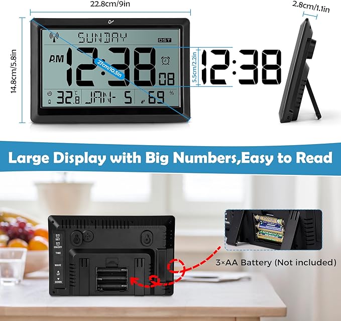SZELAM Atomic Clock,10.5"Large Display Digital Wall Clock Battery Operated,Digital Calendar Auto Setting Desk Clocks with Indoor Temperature,Humidity,Date,Day,Auto DST for Elderly Bedroom-No backlight
