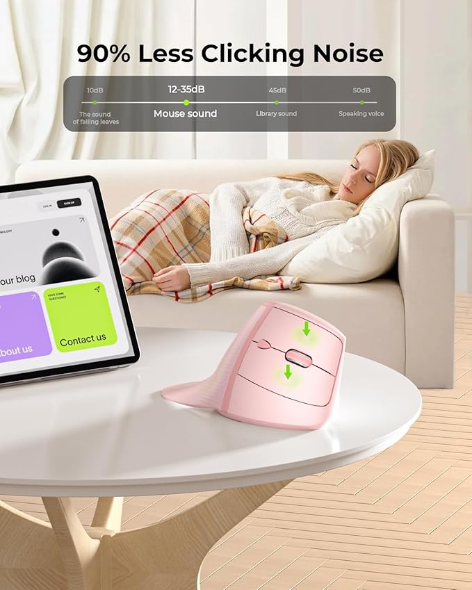 seenda Ergonomic Mouse Rechargeable, 2.4G USB & Type C Vertical Wireless Ergo Mouse with Instant Desktop Return Key, Quiet Click, Palm Rest, Anti-Slip Optical Mice for Mac OS, Windows, Pink