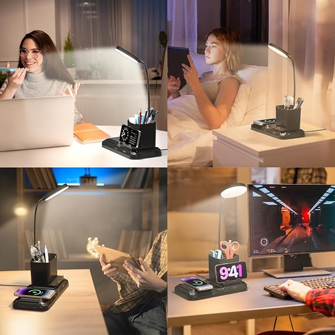 KDD 4 in 1 Desk Lamp with Wireless Charger - 360° Rotating Gooseneck Small Table Lamp with Pen Holder & Phone Stand, Adjustable White and Warm Light Dual Mode LED Desk Light for College Dorm Room