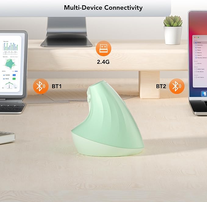 EM18 Wireless Ergonomic Vertical Mouse, Ergo Design, Bluetooth Cordless Mouse, Silent Click, 5-Level Adjustable DPI, Carpal Tunnel Mice for Computer, PC, Mac, Laptop, Green