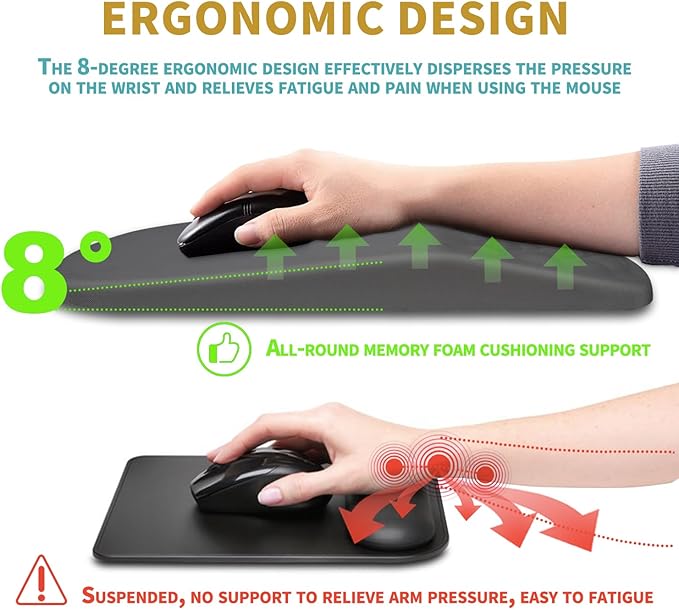 Hokafenle Ergonomic Mouse Pad Wrist Support with Massage Design, Wrist Rest Pain Relief Mousepad with Memory Foam&Non-Slip PU Base, Mouse Pads for Wireless Mouse & Desk (12x8 inch,Light Grey)