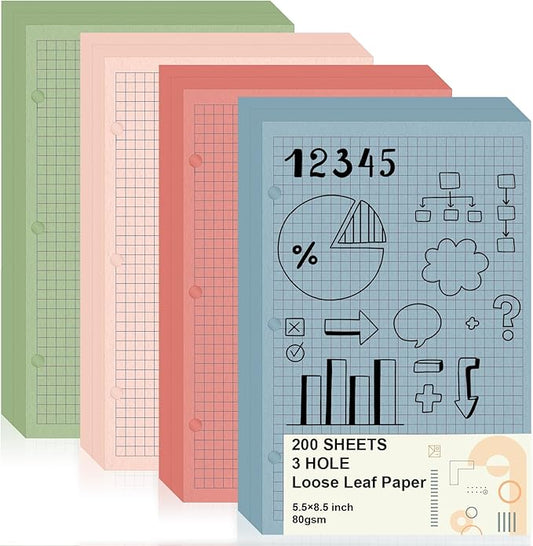 200 Sheets Half Letter 3 Hole Notebook Grid Paper Refill 5-1/2 x 8-1/2 Loose Leaf Paper for Mini Binder Colored Graph Paper Bulk Quad Ruled Graph Paper for Planner Inserts for School Office