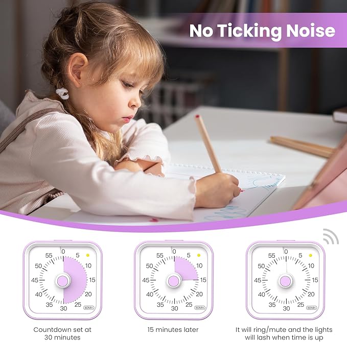 Visual Timer for Kids with Pause Function, 60 Minute Countdown Timer for Kids Desk Study, Teaching, Kitchen Cooking, Office Meetings, Time Management for ADHD (Purple)