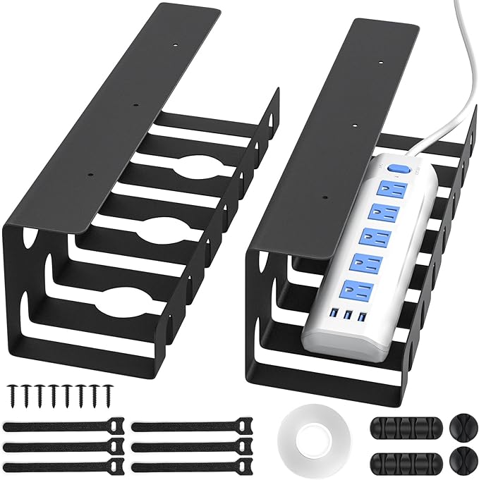 Delamu 2 Pack Metal Under Desk Cable Management Tray, U-Channel Cord Organizer Box, Office Under Desk Cord Organizers, Cable Management with Various Accessories, Black, 15.75 Inches