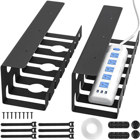 Delamu 2 Pack Metal Under Desk Cable Management Tray, U-Channel Cord Organizer Box, Office Under Desk Cord Organizers, Cable Management with Various Accessories, Black, 15.75 Inches