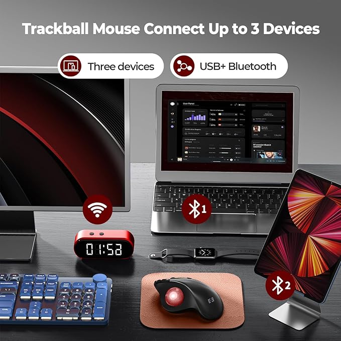 seenda Wireless Trackball Mouse Ergonomic - Bluetooth Rollerball Mouse Rechargeable, Multi Devices Connection Thumb Control Mice Compatible for Mac/Android/Windows Computers - Black&Red