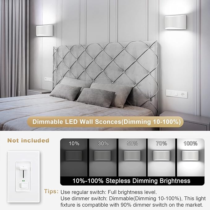 TRLIFE Dimmable Wall Sconces, 3000K/4000K/6000K Selectable Modern LED Wall Sconce 12W Aluminum Wall Mounted Light Hardwired Wall Lights for Bedroom Bedside Living Room Stairway (White, 1 Pack)