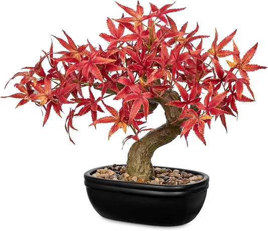 Artificial Maple Bonsai Tree, Mini Japanese Bonsai Plant in Ceramic Pot, Faux Potted Maple Desk Ornament, Indoor Tabletop Home Office Decor, Zen Garden Decoration