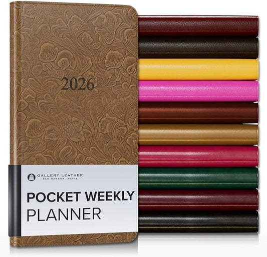 Gallery Leather Pocket Weekly Monthly Planner 2025-2026, Elegantly Bound Calendar Planner and Notebook with Stylish Gold-Gilded Page Edges, 12 Months - Floral Espresso - 6 x 3.25 "