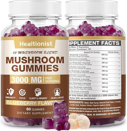 3000MG Mushroom Complex Gummies 10 Blend - Lion's Mane Gummies for Adults, Cordyceps, Shiitake, Reishi, Chaga, - Brain, Immune Support & Stress Relief, Energy, Mushroom Supplement for Men & Women 60ct
