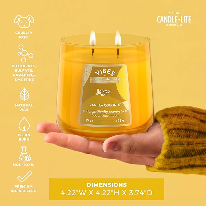 Candle-Lite Vibes Vanilla Coconut Mood-Enhancing Scented Candles, 15 oz Jar, Aromatherapy, Proudly Poured in The USA, 2-Wick, 86 Hours Burn Time, Perfect Relaxation Gift
