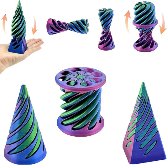 3 Pack Spiral Cone Fidget Toy, Pyramid Passthrough Sculpture, Mini Cones Pass Through Pyramid Fidget Toy for Stress and Anxiety Relaxing (Purple Green)